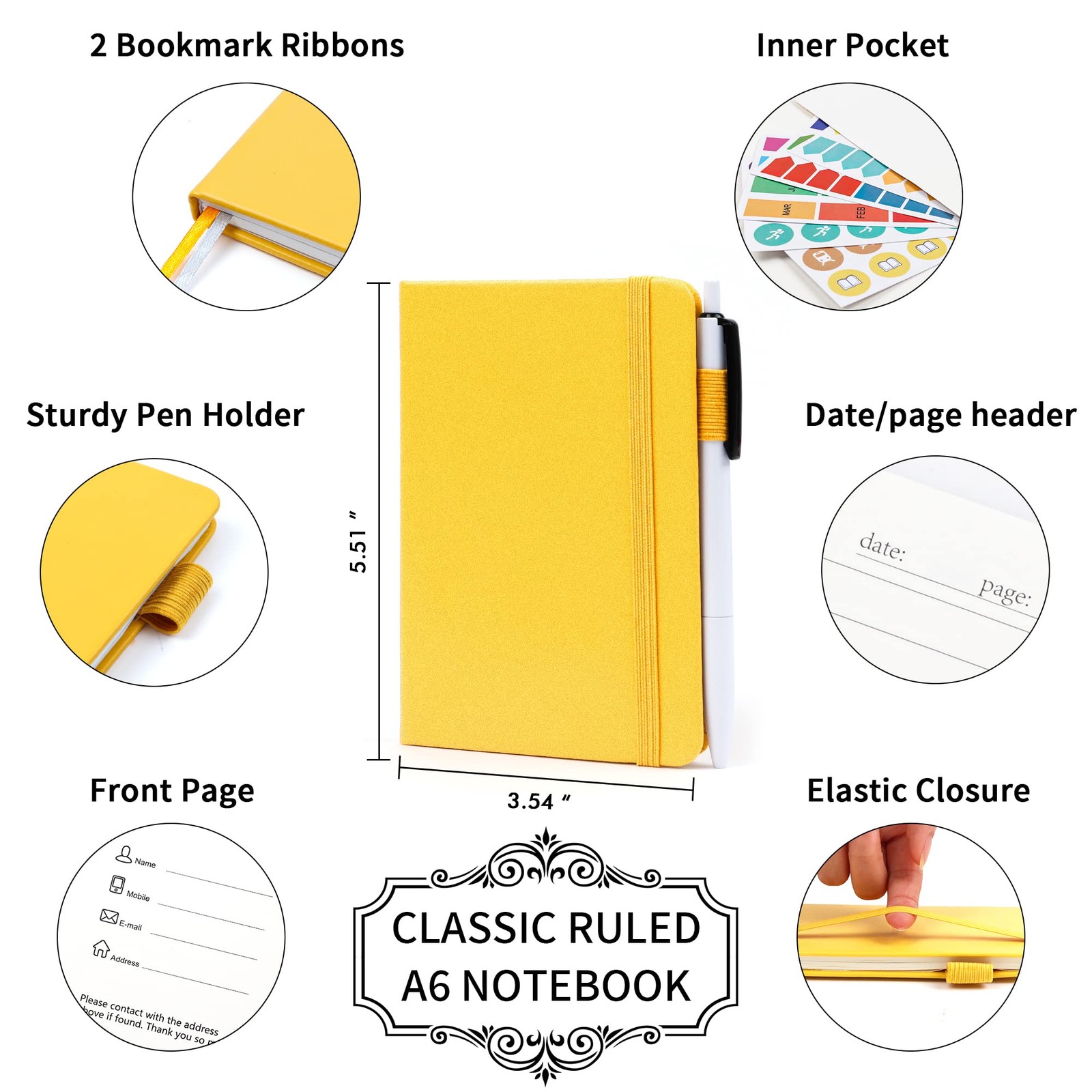 feela 3 Pack Pocket Notebook Journals with 3 Black Pens, A6 Mini 3 Yellow