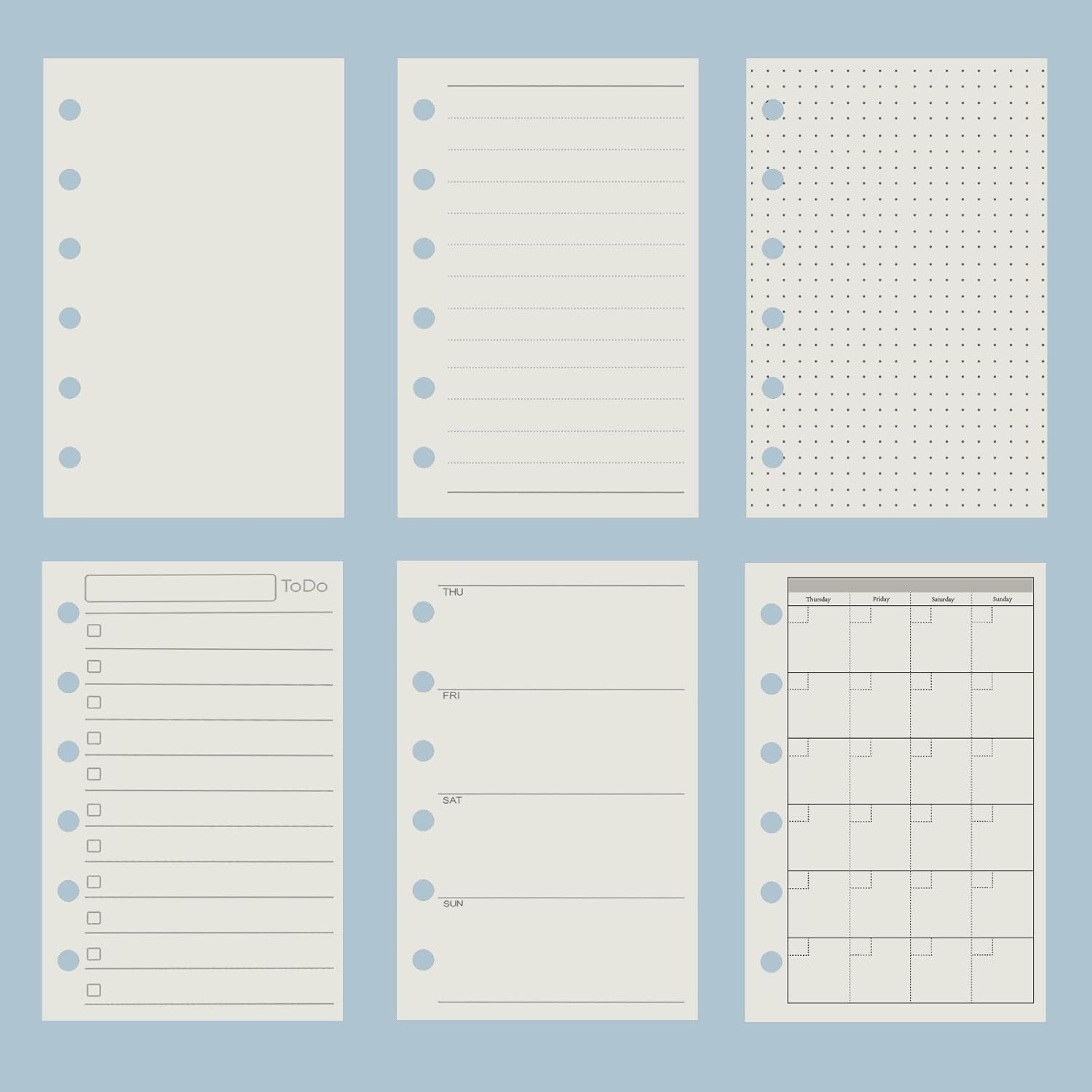 A7 6 Holes Binder Refill Value Set,90Sheets Weekly Plan Loose Leaf Paper with St