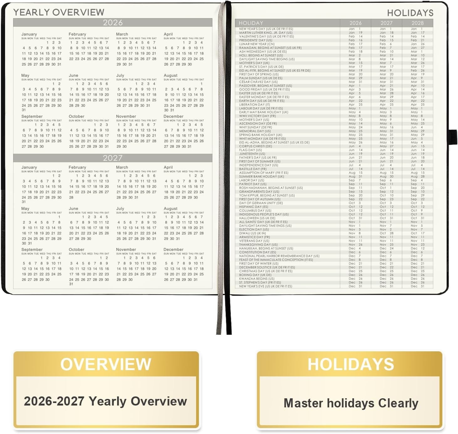2026 Planner – Large Leather Cover, Weekly Monthly, Jan-Dec