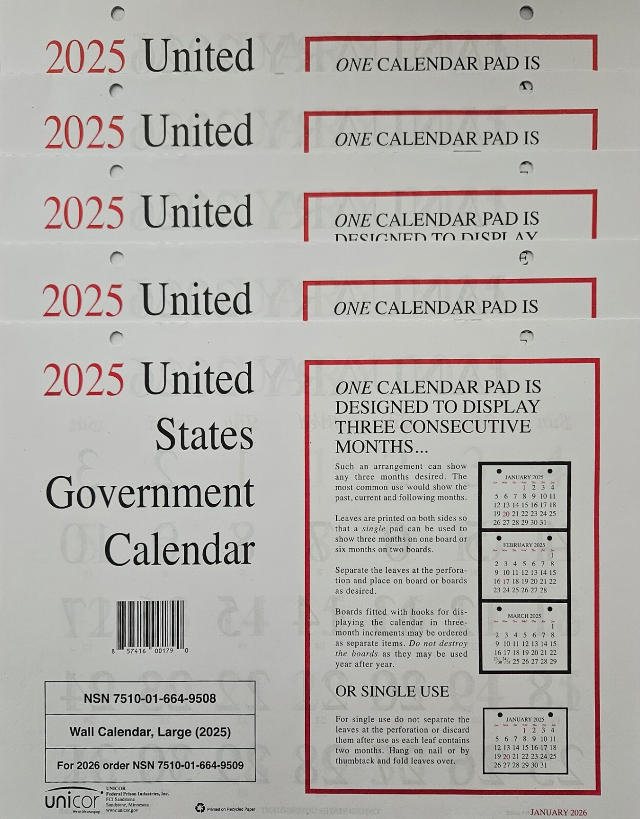 UNICOR 2025 US GOVERNMENT WALL CALENDAR NSN 7510-01-664-9508 Pack Of 5