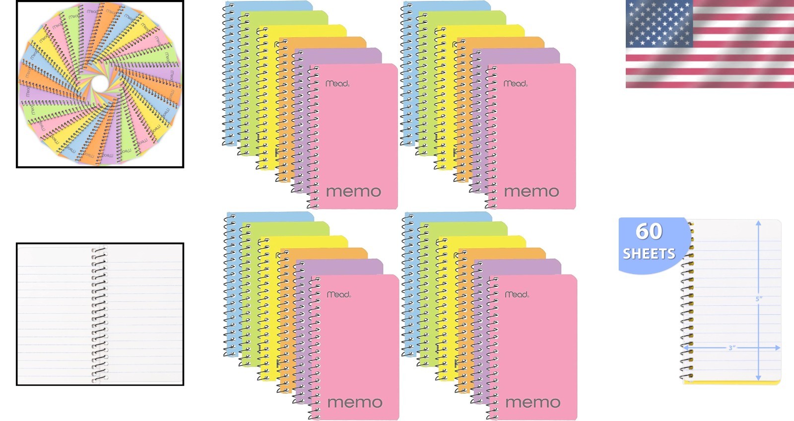 Compact 3×5” Pastel Memo Pads – 60 Sheets, 24-Pack Wirebound for Easy Writing