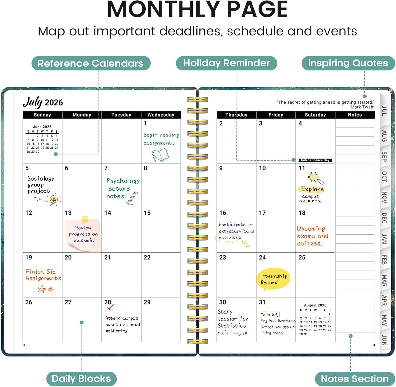 Planner 2026-2027, Academic Monthly and Weekly Calendar Planner for Women, July