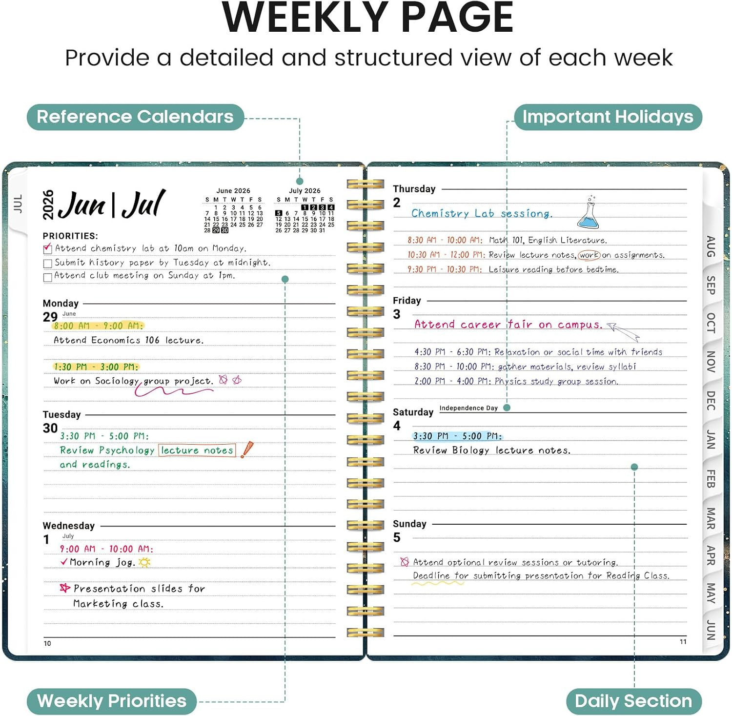 Planner 2026-2027, Academic Monthly and Weekly Calendar Planner for Women, July