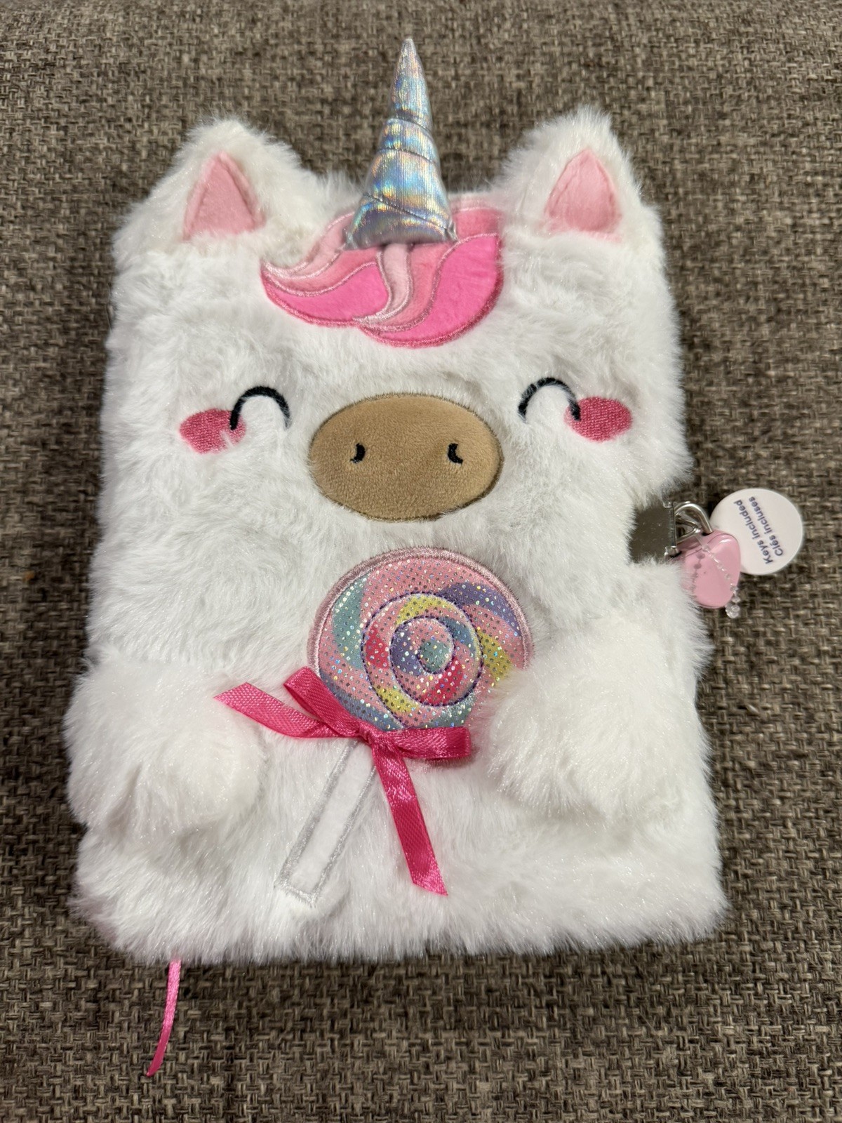 Claire’s White & Pink Unicorn Fuzzy Kids Lock & Key Journal Lollipop Design NEW