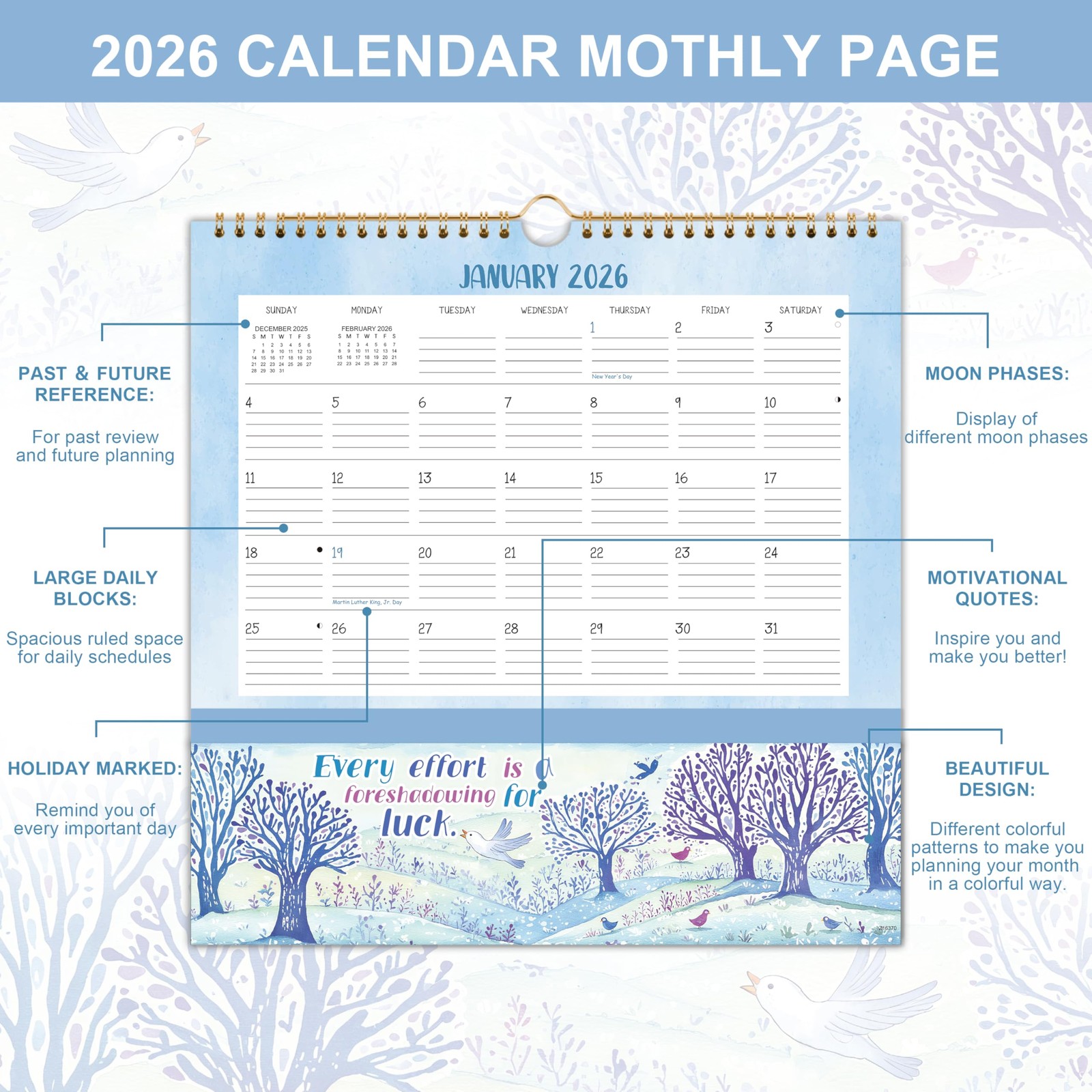 2026 Wall Calendar – 2026 with Pockets, 12″ x 12″, Jan. 2026 – White