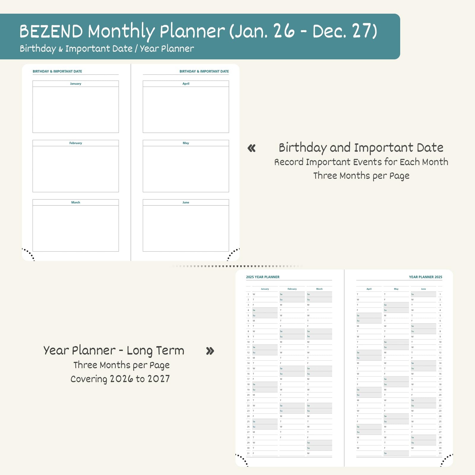 Pocket Monthly Planner 2026-2027 3.5×6.5 Vegan Leather Hardcover Purse Calendar