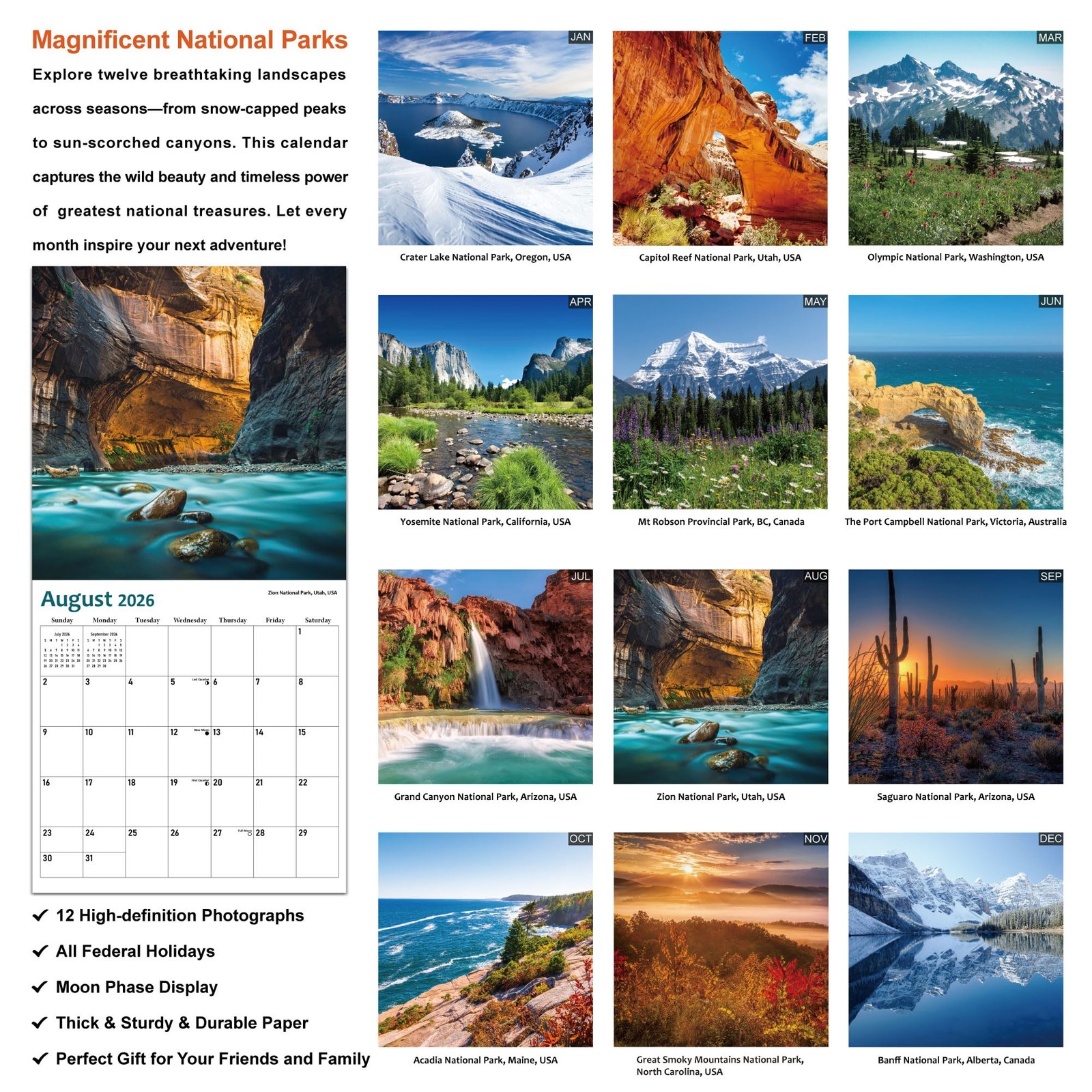 2026 Wall Calendar 12 Month, National Parks Large