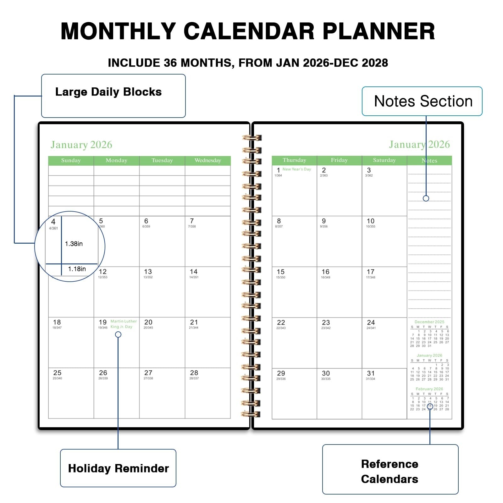 2026-2028 Monthly Planner – 3 Year Calendar, 36 Months, Twin-Wire Binding, Lined
