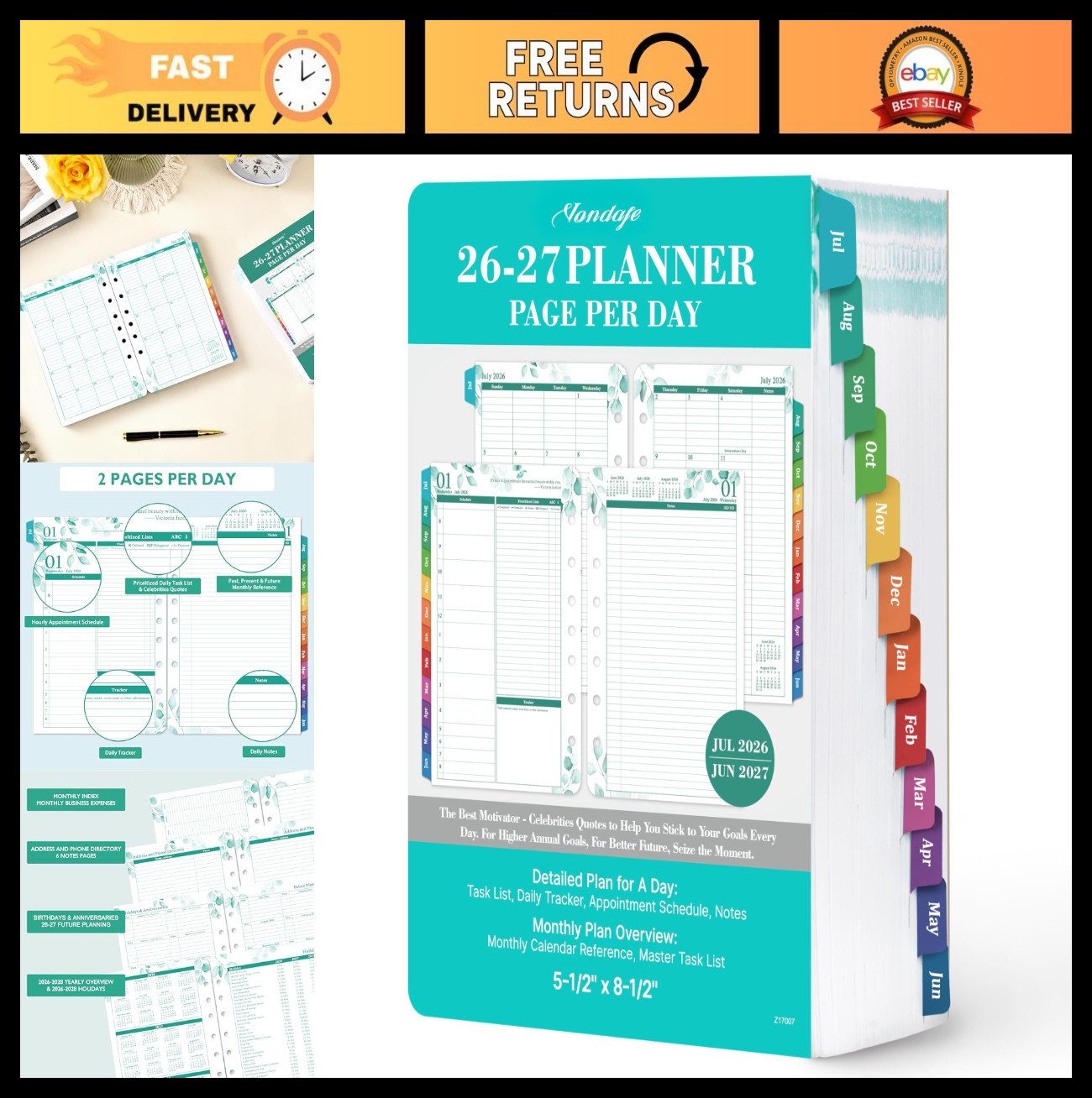 2026-2027 Daily Planner Refills – Two Pages Per Day, 5.5″ x 8.4″, Ring-Bound Org