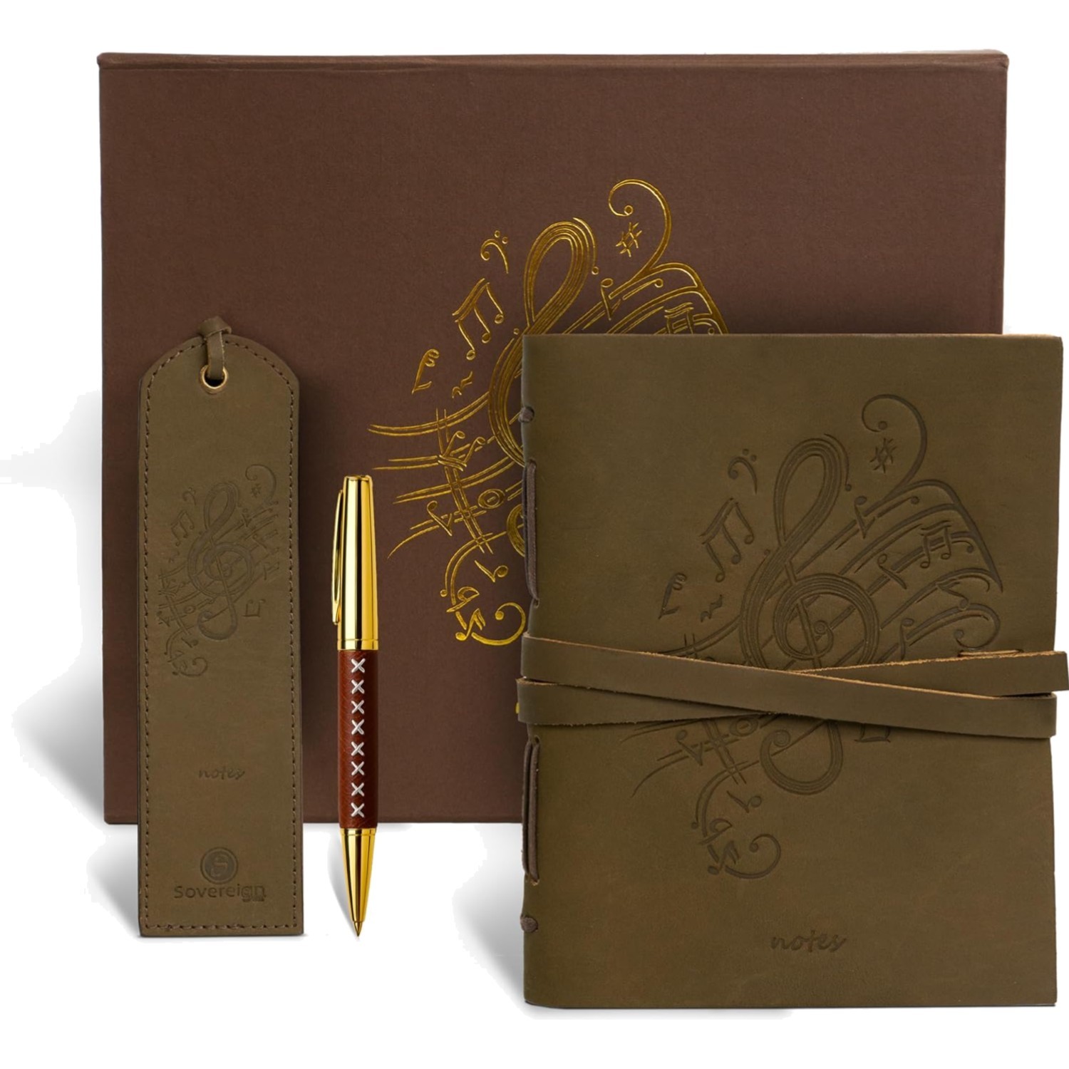 Leather Journal Gift Set – Embossed Music Notes Design – Handmade Buffalo Lea…