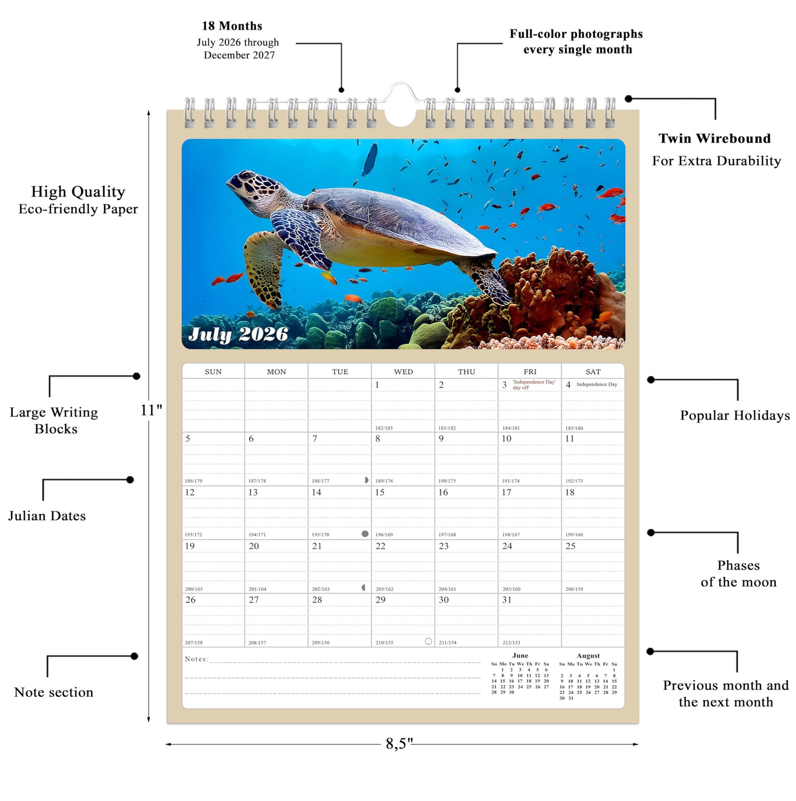 2026-2027 Wall Calendar Spiral-bound Twin-Wire Binding – 18 Months multicolor