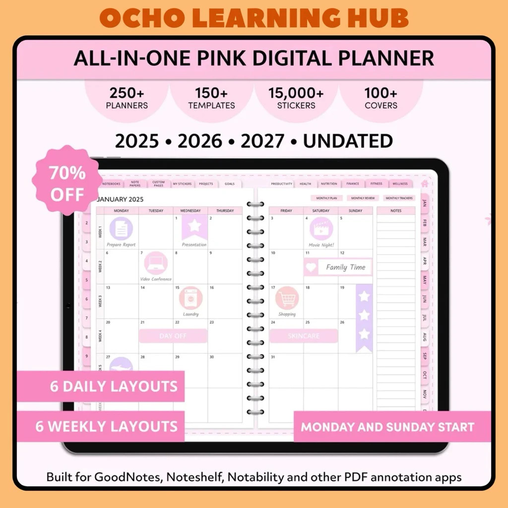[NEW] 2026 All in One Digital Planner Undated Rose Pink | Hyperlinked & Goodnote