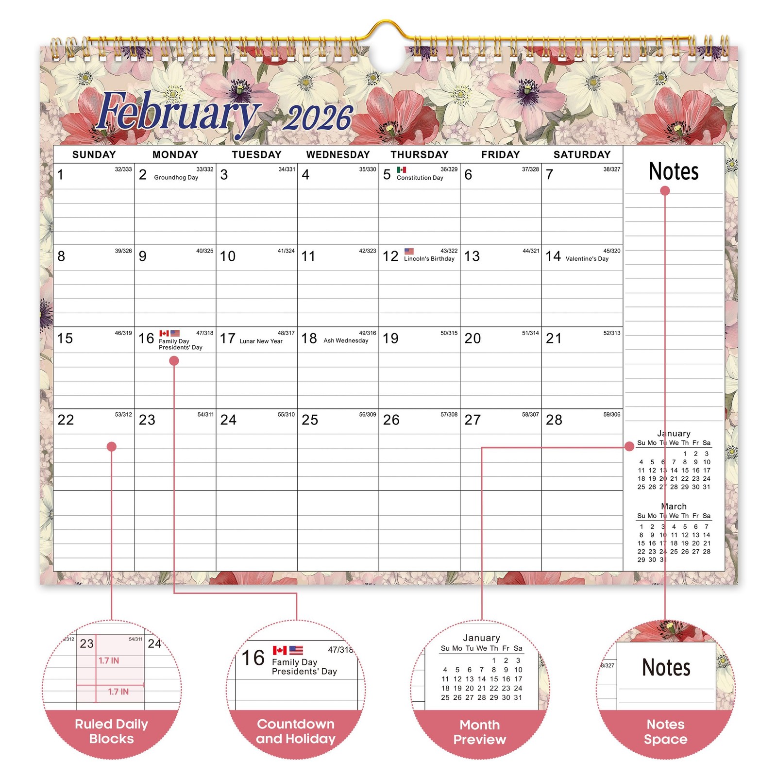 Calendar 2026-2027, 18-Month Wall from Jan 2026 to B.Vintage Floral