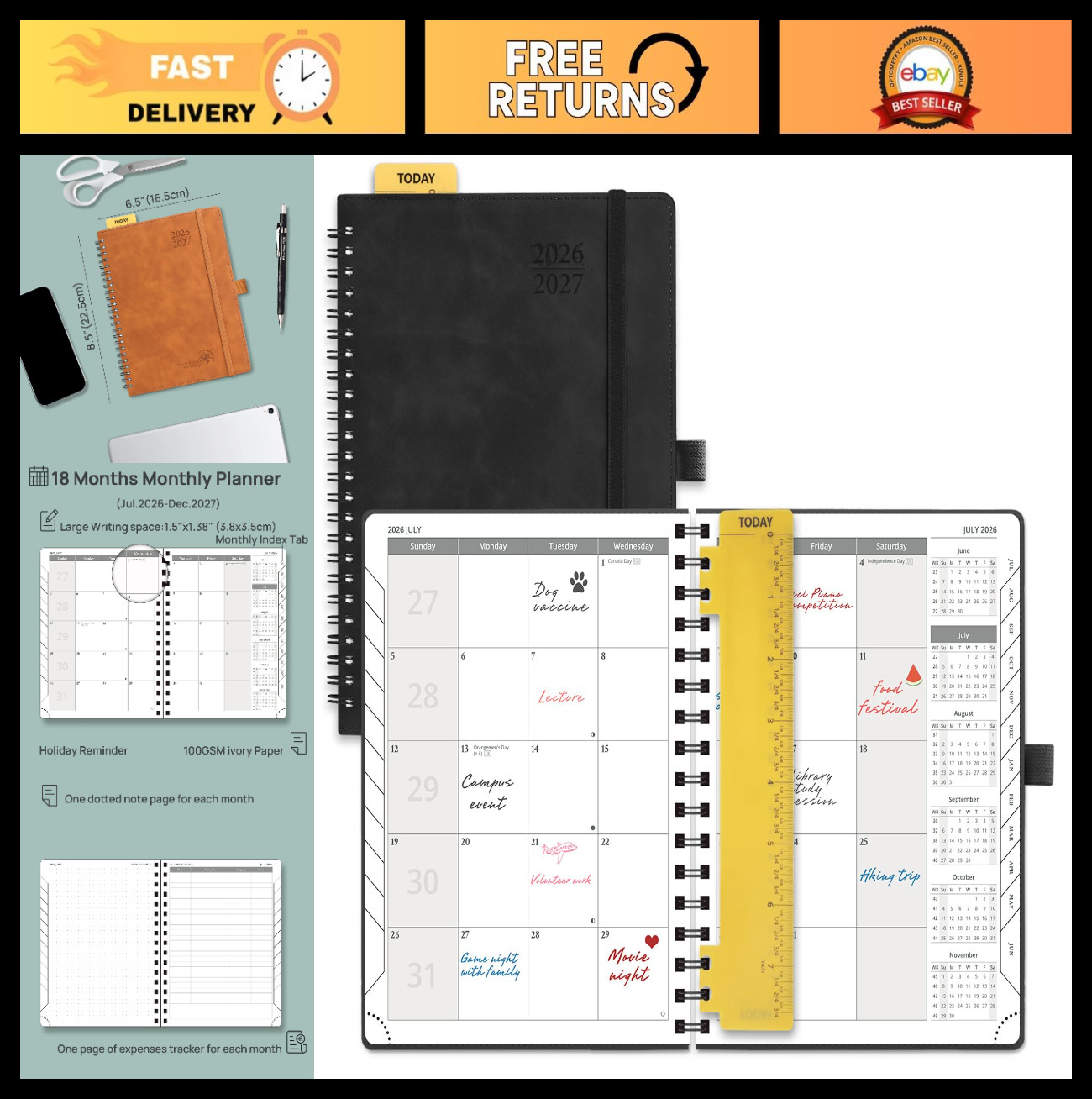 2026-2027 Monthly Planner 6.5″ x 8.5″, 18-Month Calendar, Expense Tracker, Notes