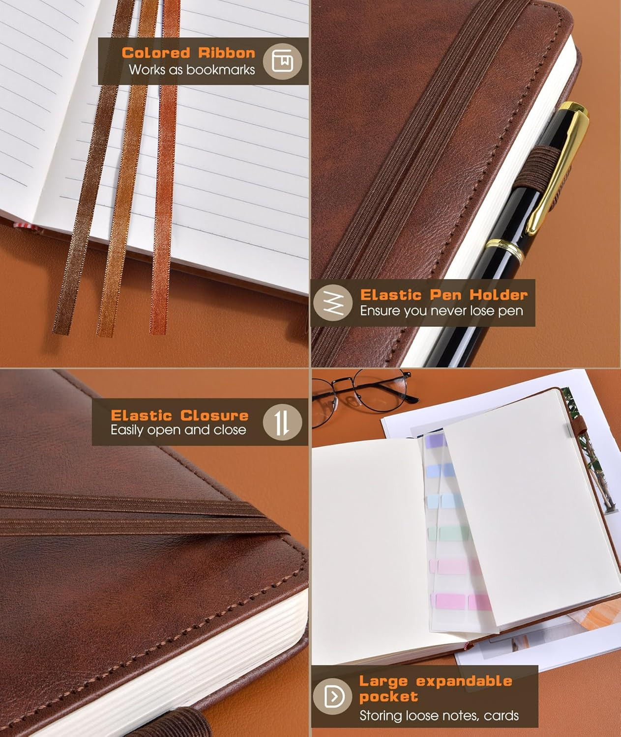 Lined Journal Notebook for Women Men, 256 Numbered Pages Hardcover Leather Journ