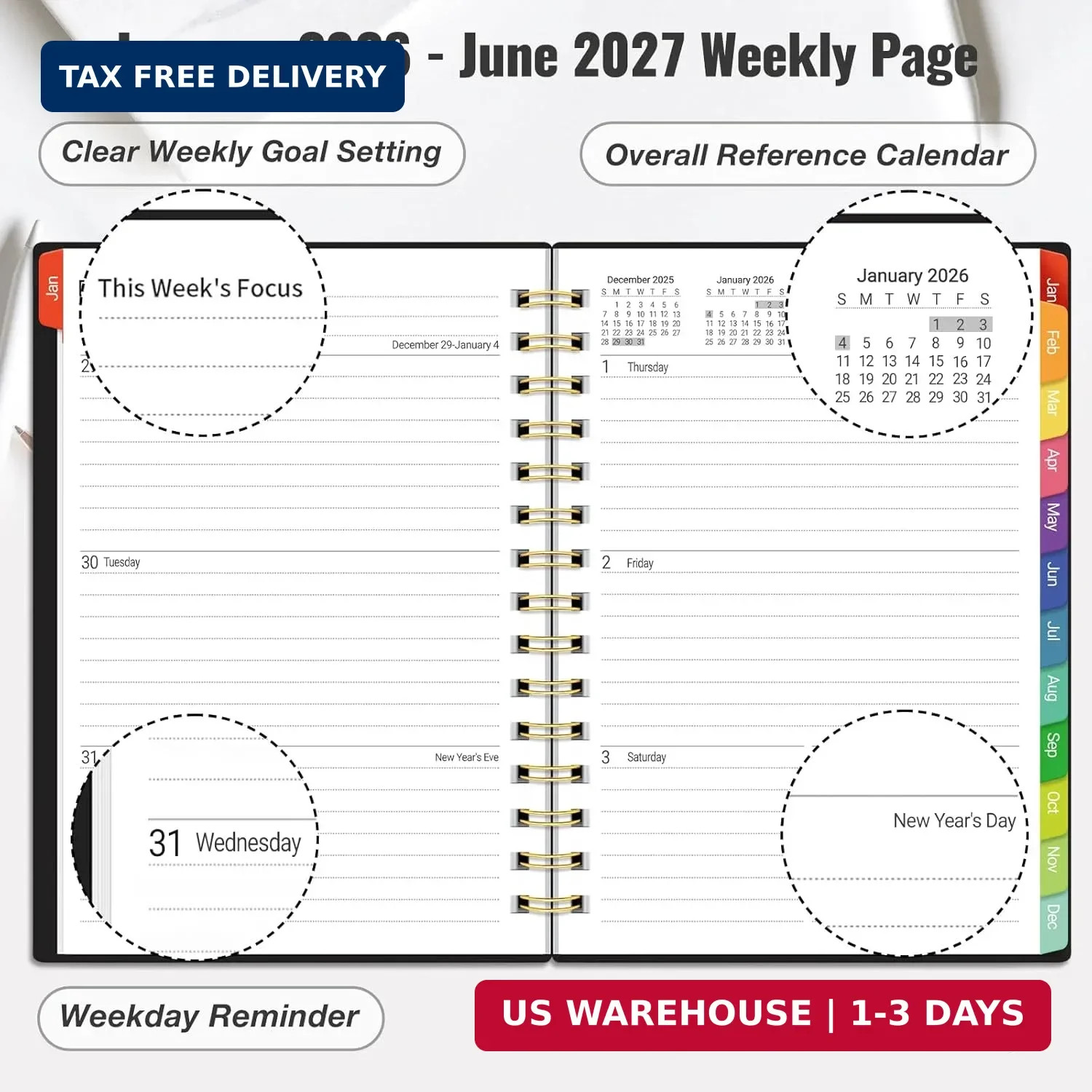 Daily Planner 2026-2027, 18 Month Planner with Tabs, January 2026 – June 2027 W