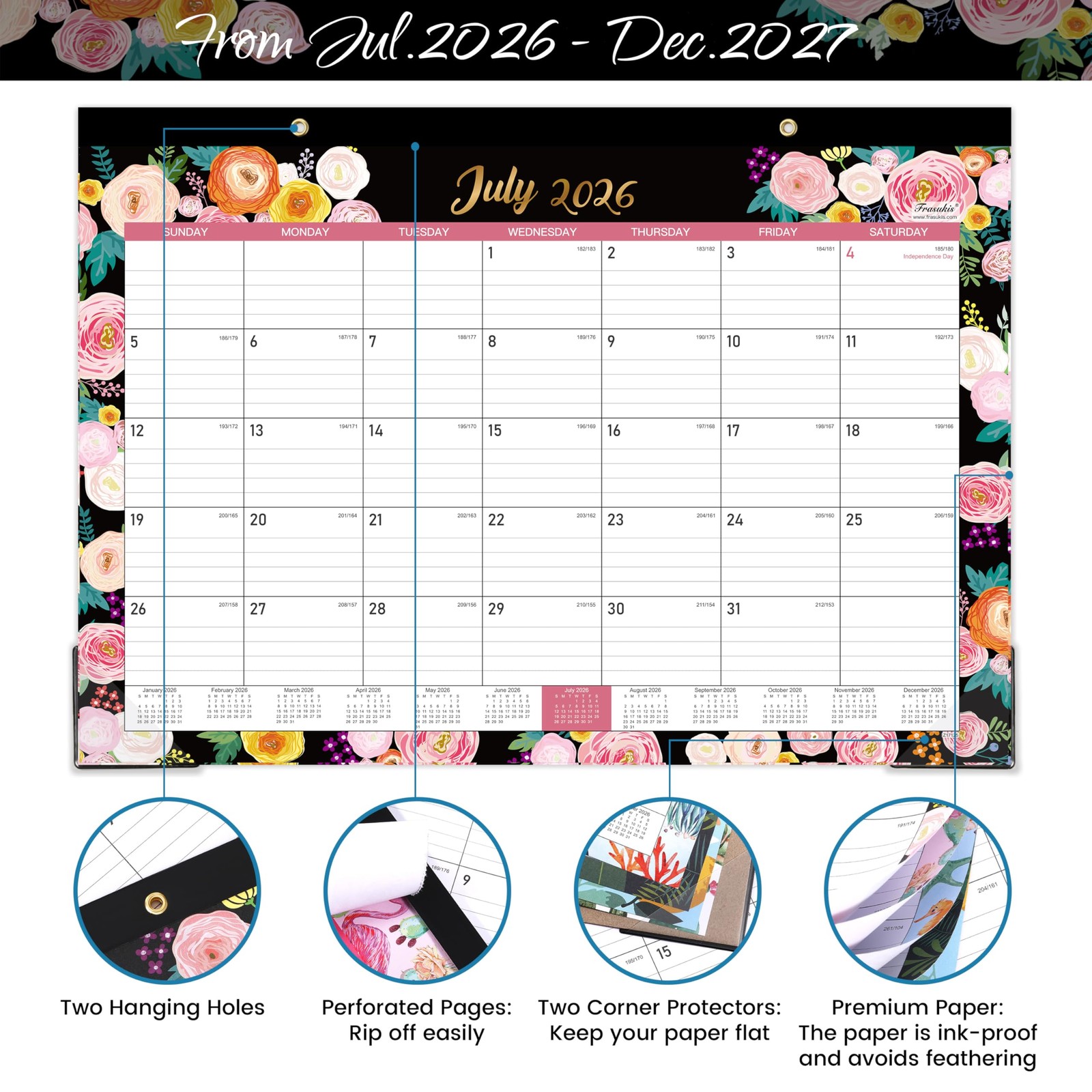 2026-2027 Desk Calendar – July 2026 to December 2027, Black（2026-2027）