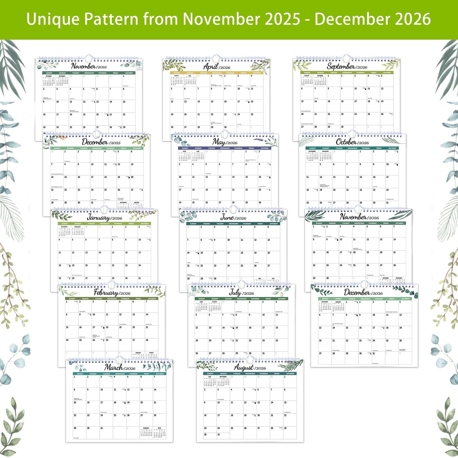 2026 Wall Calendar, Hanging Spiral Calendar 11″ x 8.5″, Leaves