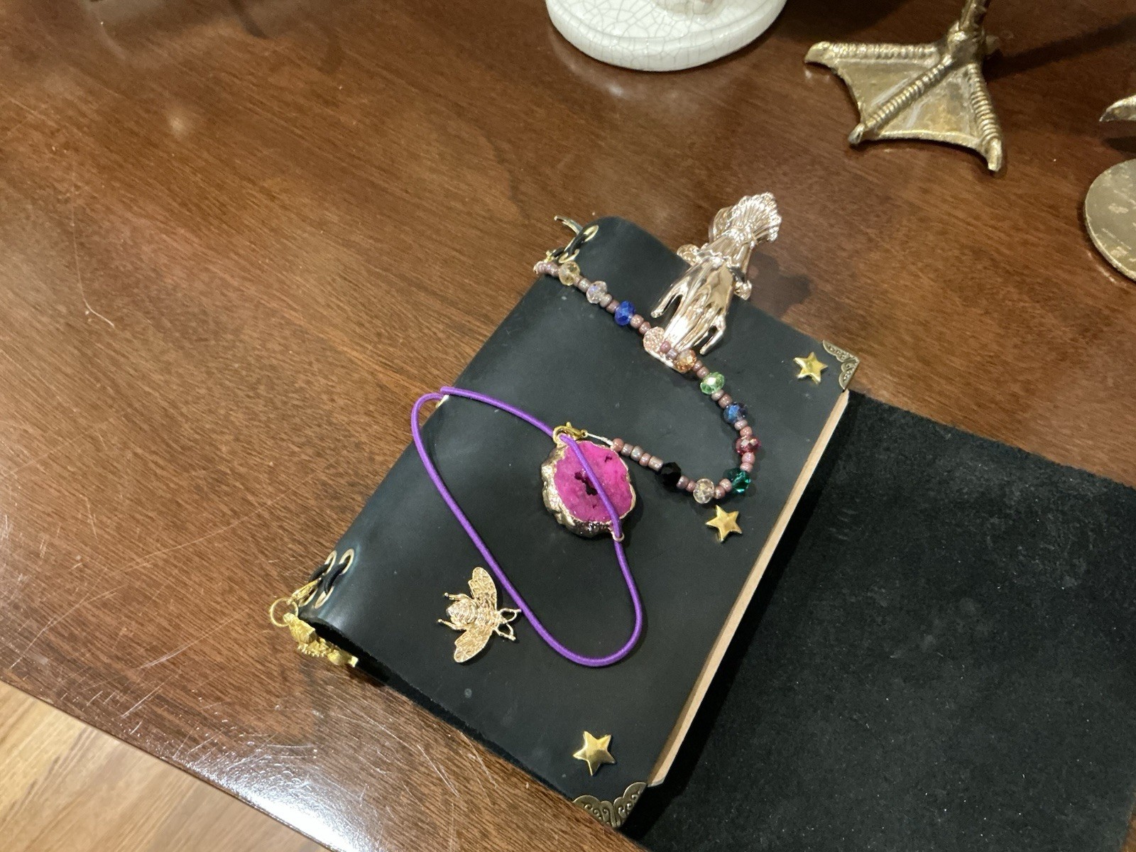 NEW Handmade Journal A6 Gold Hardware Purple Cord, pink druzy quartz charm