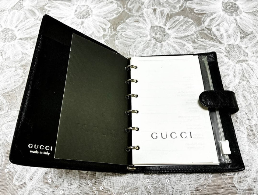 Gucci Notebook Cover Logo Plate Agenda Leather Black Used From Japan
