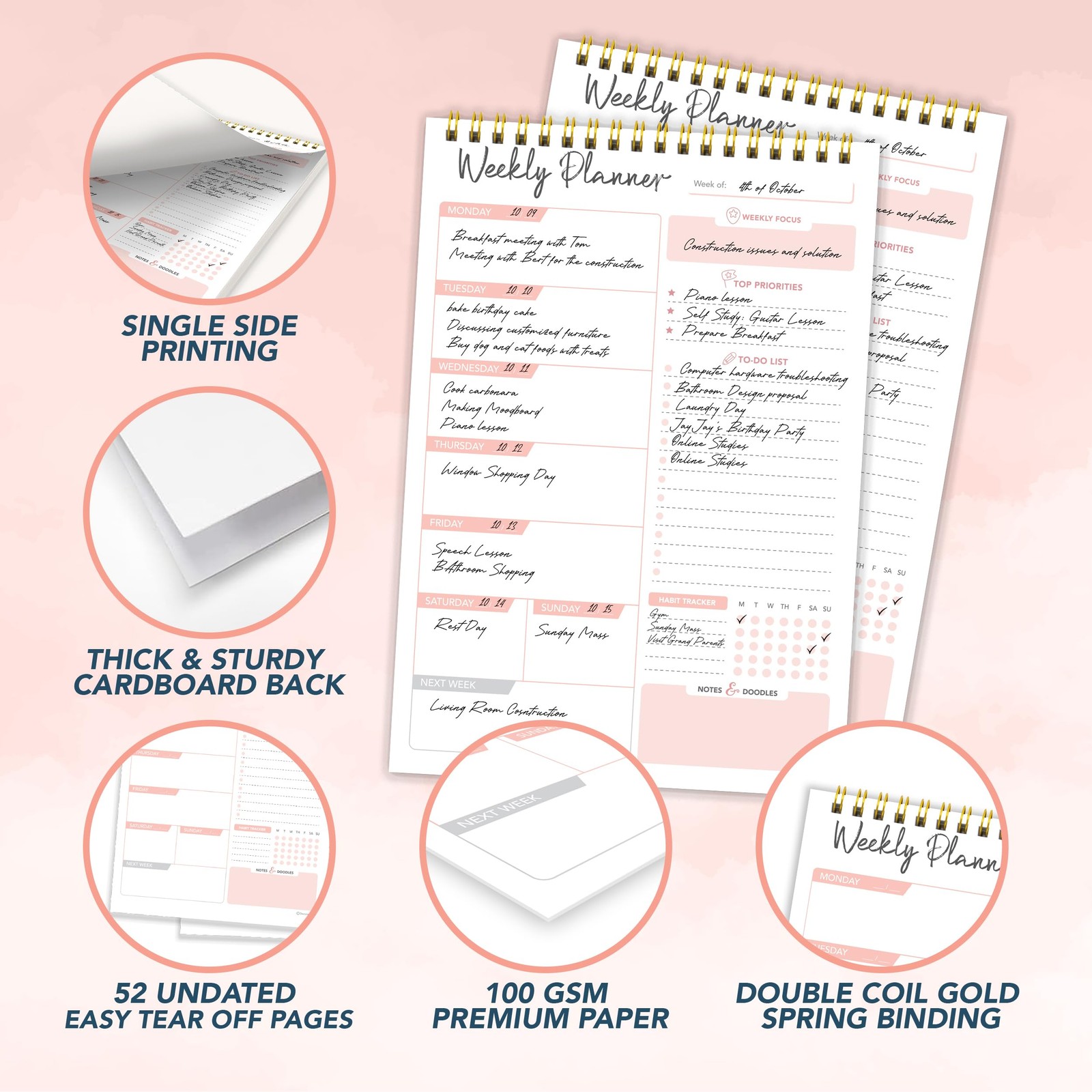 Decorably 52 Sheets Nude Pink Undated Weekly Planner Notepad Tear Off, 6.5×10…