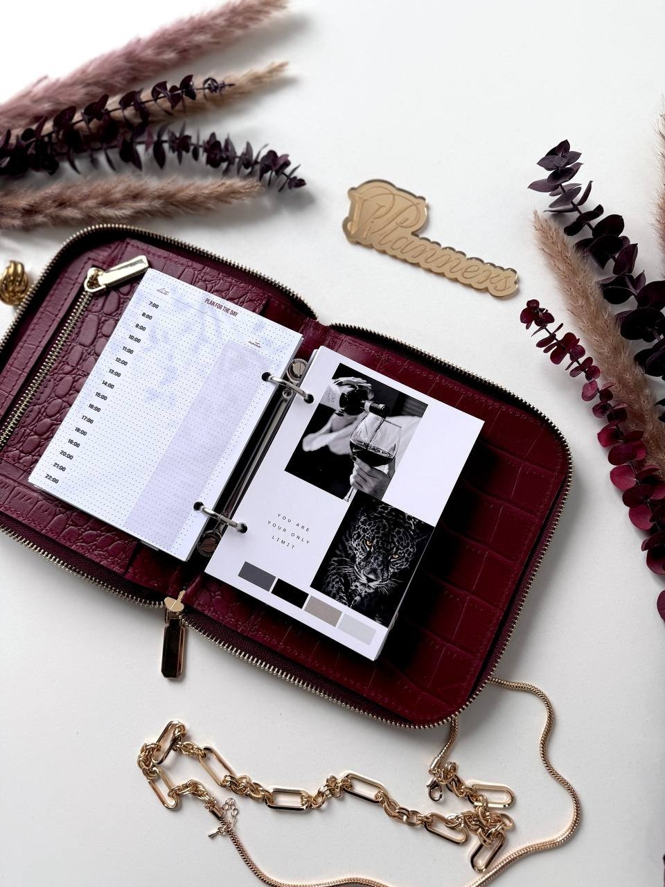 Luxurious Burgundy Genuine Leather A7 Pocket Planner – Golden Leopard Edition