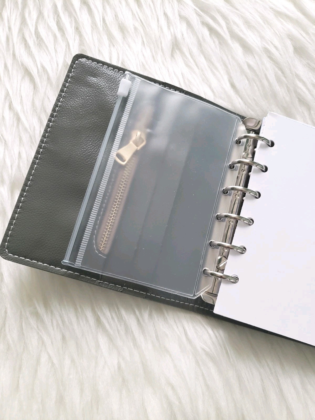 6 Ring Pocket Wide Genuine Leather Planner Cover Grey Unbranded