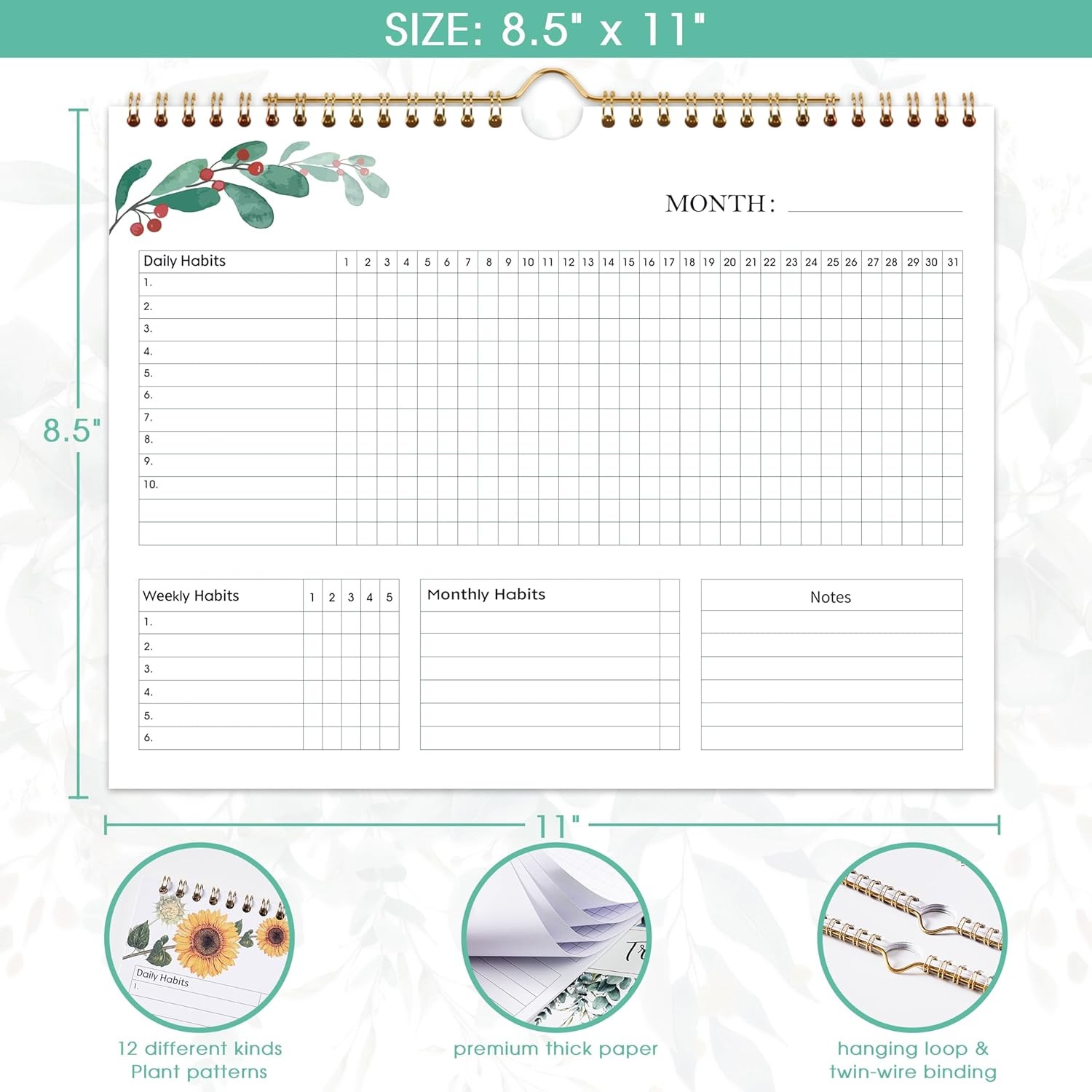 Habit Tracker Calendar – 12 Months Undated Daily Planner, 8″x10″, Weekly & Month