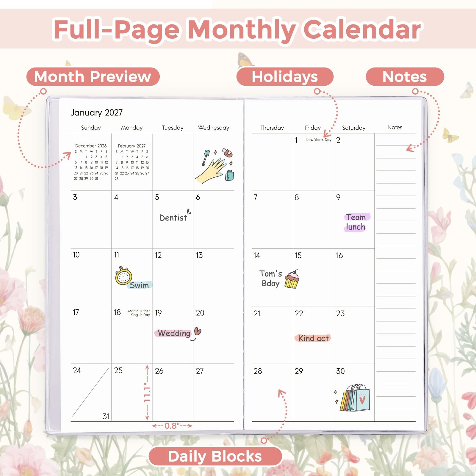 Pocket Calendar 2026-2027 Small Monthly Planner 6.5×3.5 Butterfly Organizer