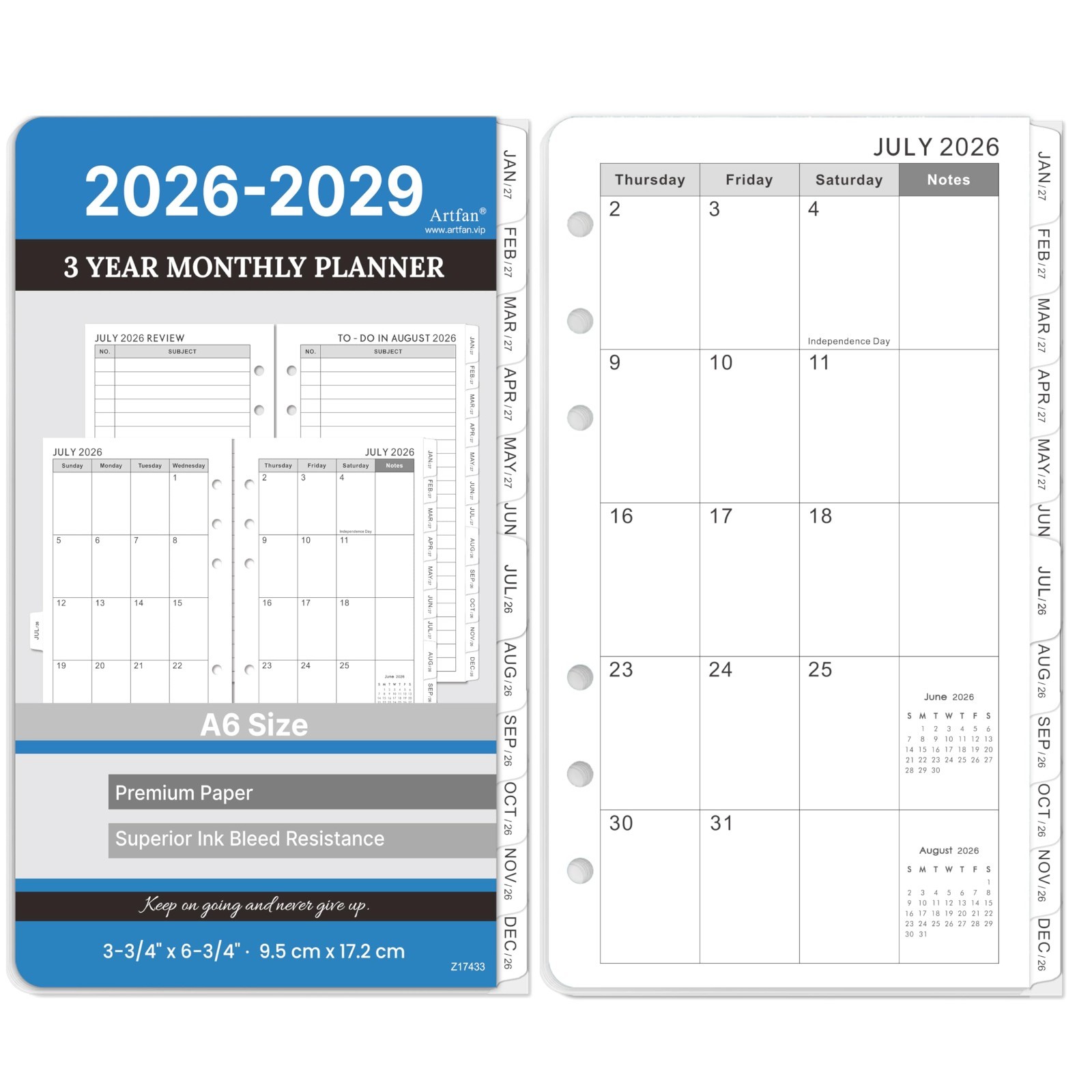 A6 Planner Refills 2026-2029 – 3-Year Monthly Inserts with Tabs, 6-Hole Punched