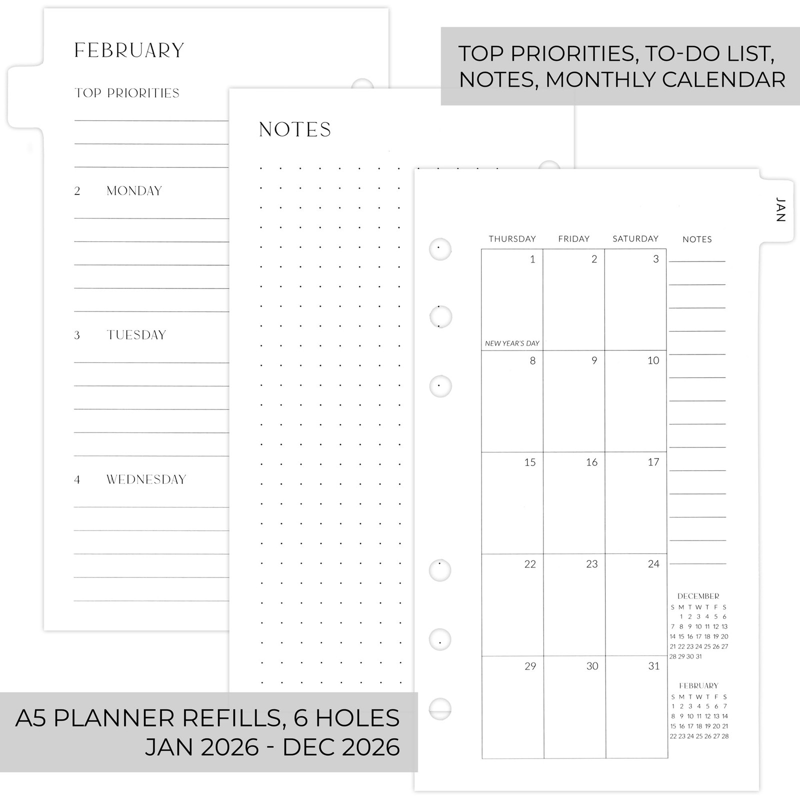 Black White 2026 Daily Planner Personal Size 6 Ring 3.75 x 6.75 Inch