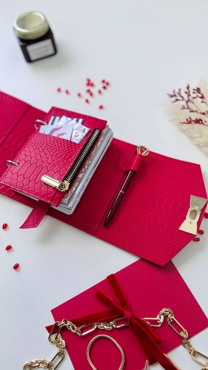 Red leather notebook cover A7 mini wallet. Lined day with time planner gift.