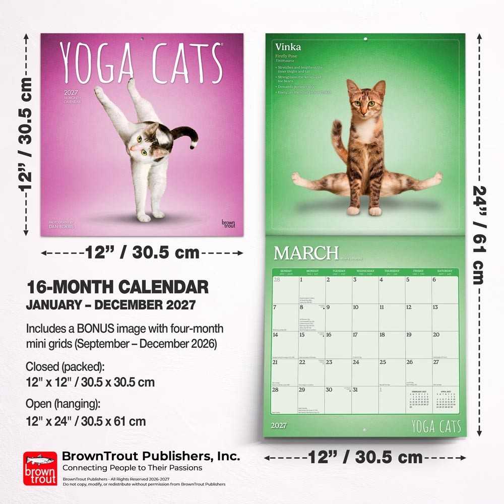 Yoga Cats OFFICIAL | 2027 12×24″ (Hanging) Square Wall Calendar | Plastic-Free