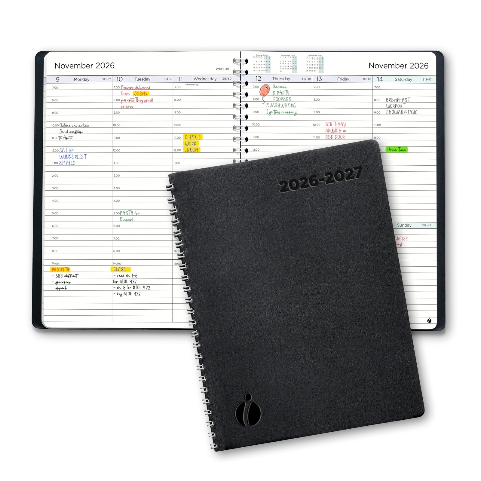 Academic Planner 2026-2027 – Hourly – 6.5 x 8.5, Black