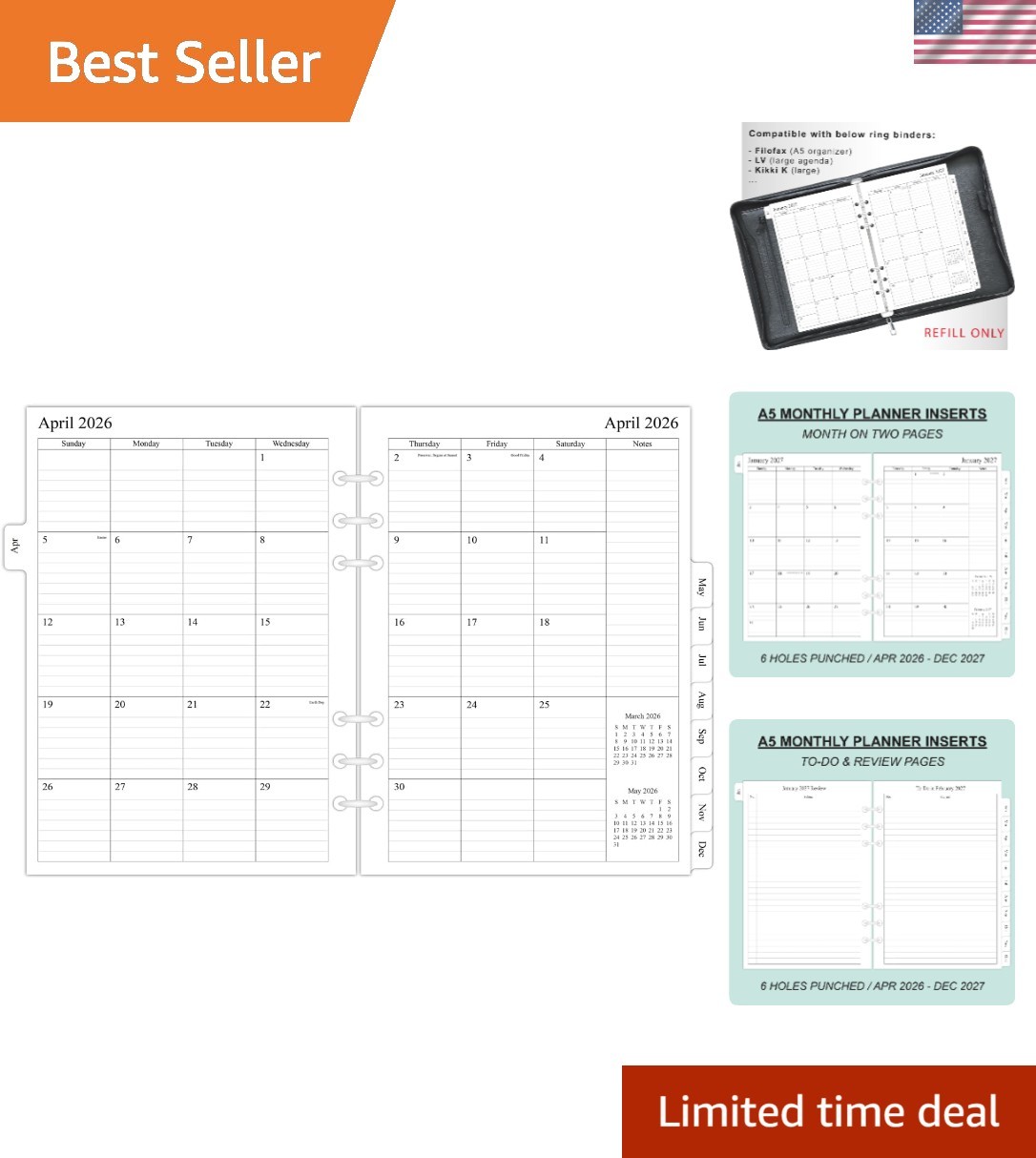 2026-2027 A5 Monthly Planner Refills – 21 , Durable 6-Hole Punched