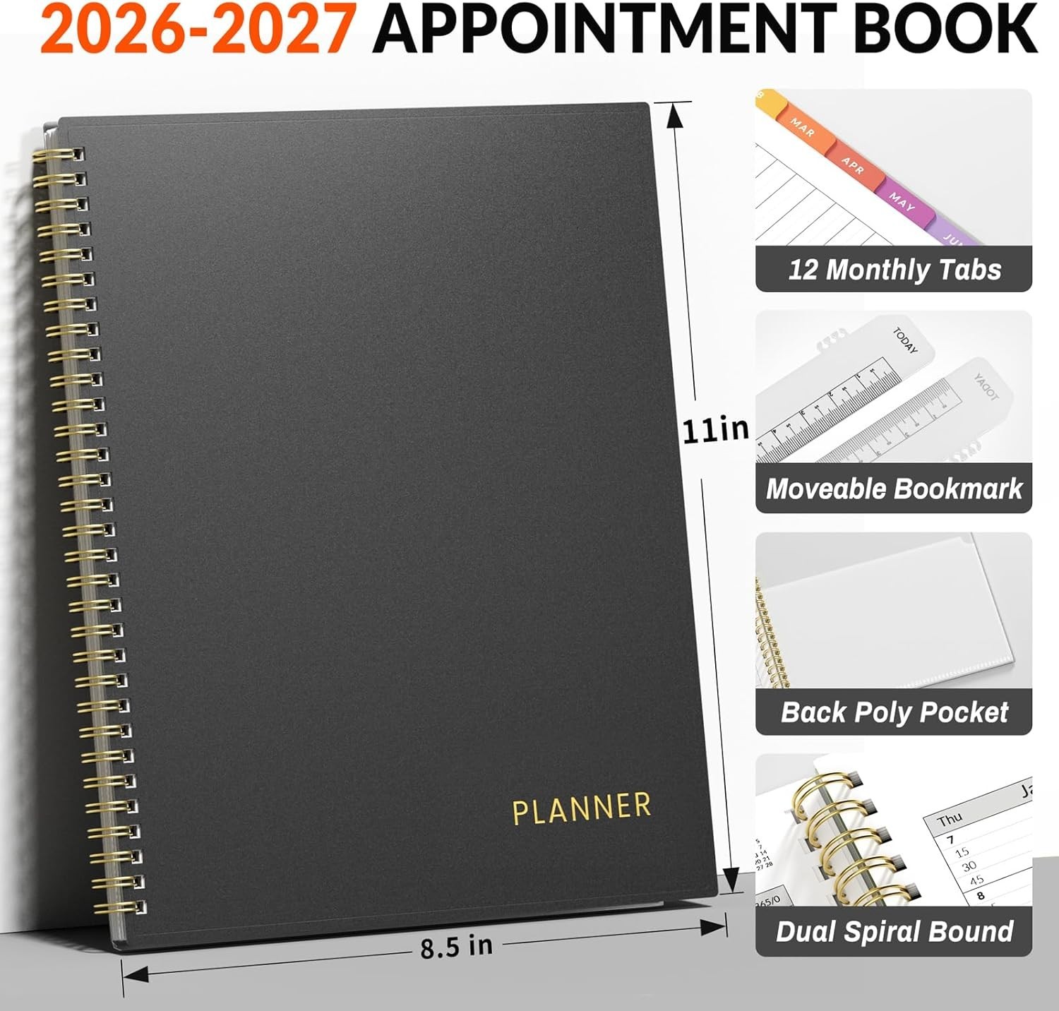 2026-2027 Appointment Book Weekly Monthly Planner Black 8.5×11 Flexible Cover