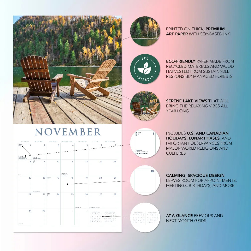 Lake Life Calendar 2026 | 12″ x 24″ Lakeside Living 12 Month | Marble City Press