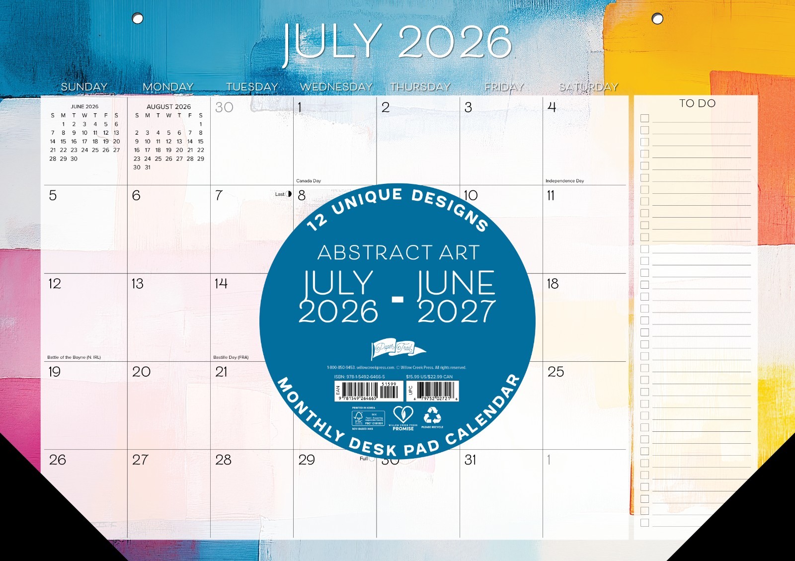 Abstract Art Academic Year July 2026 – June 2027 17″ x 12″ Small Monthly Deskpad