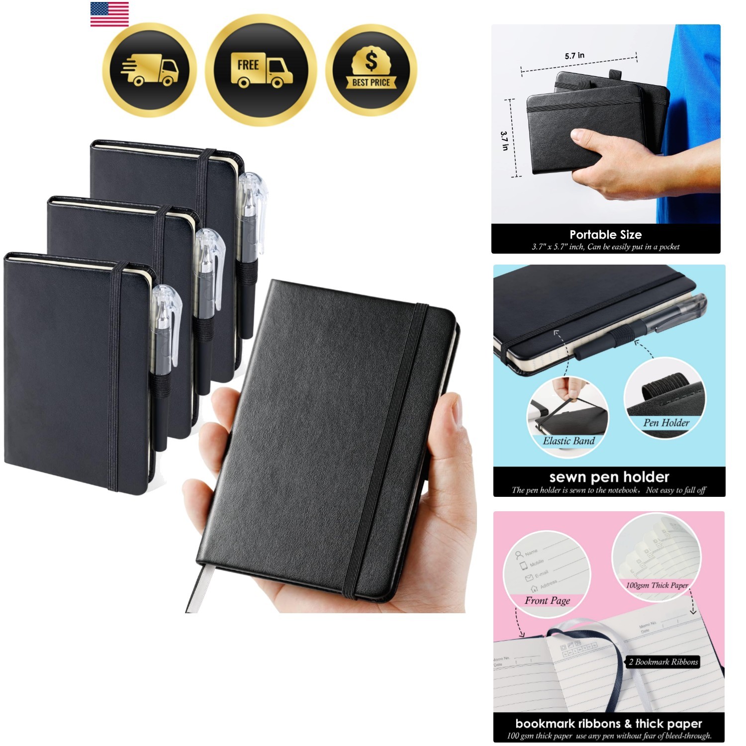 3 Pack Pocket Notebook Journal, Hardcover Small Mini Notebooks with Pens for …