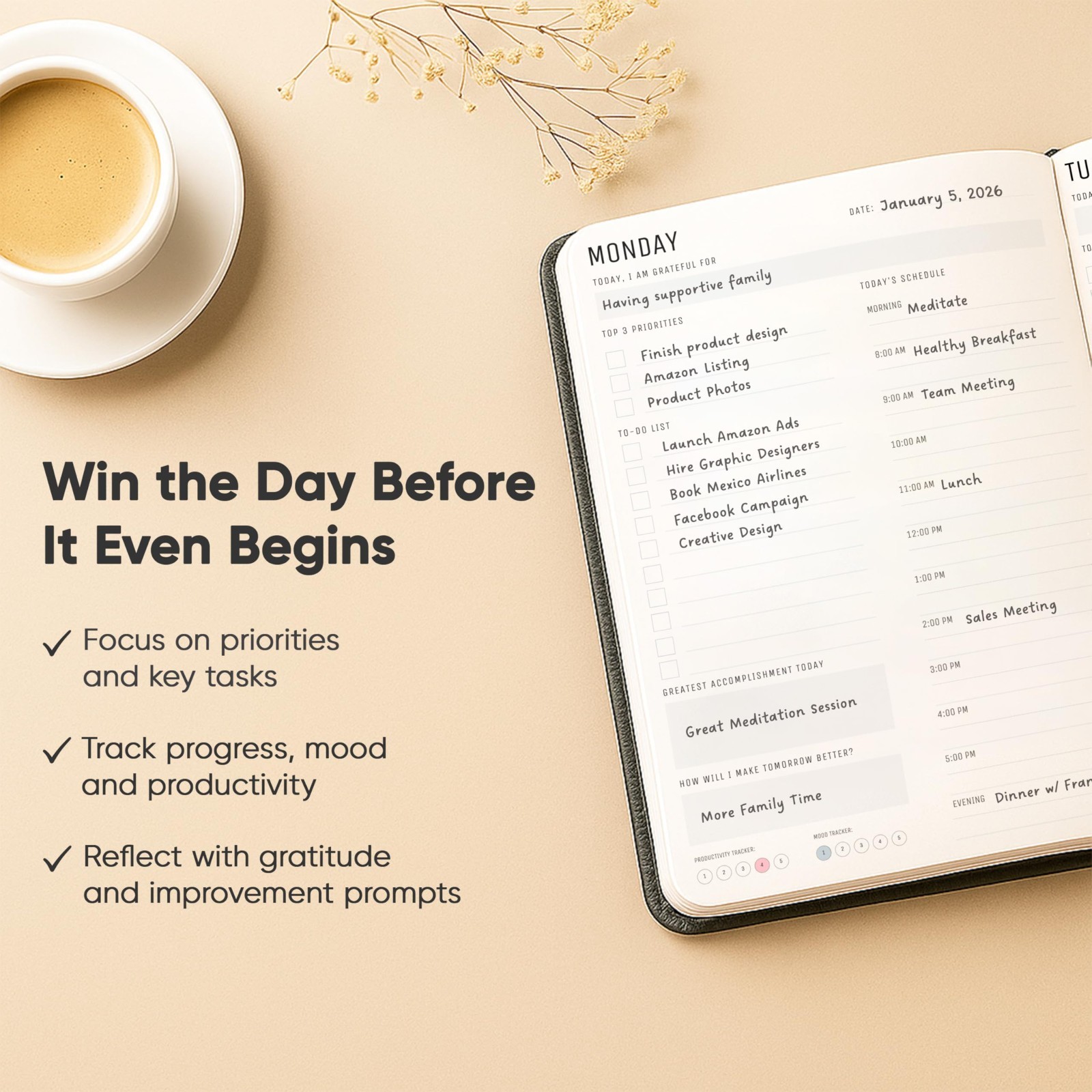 Ultimate 2026 Daily Planner – Hourly Schedule & Task List, A5 Size, Black