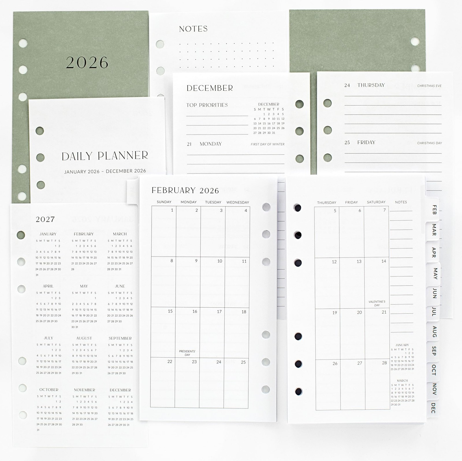Black White 2026 Daily Planner Personal Size 6 Ring 3.75 x 6.75 Inch