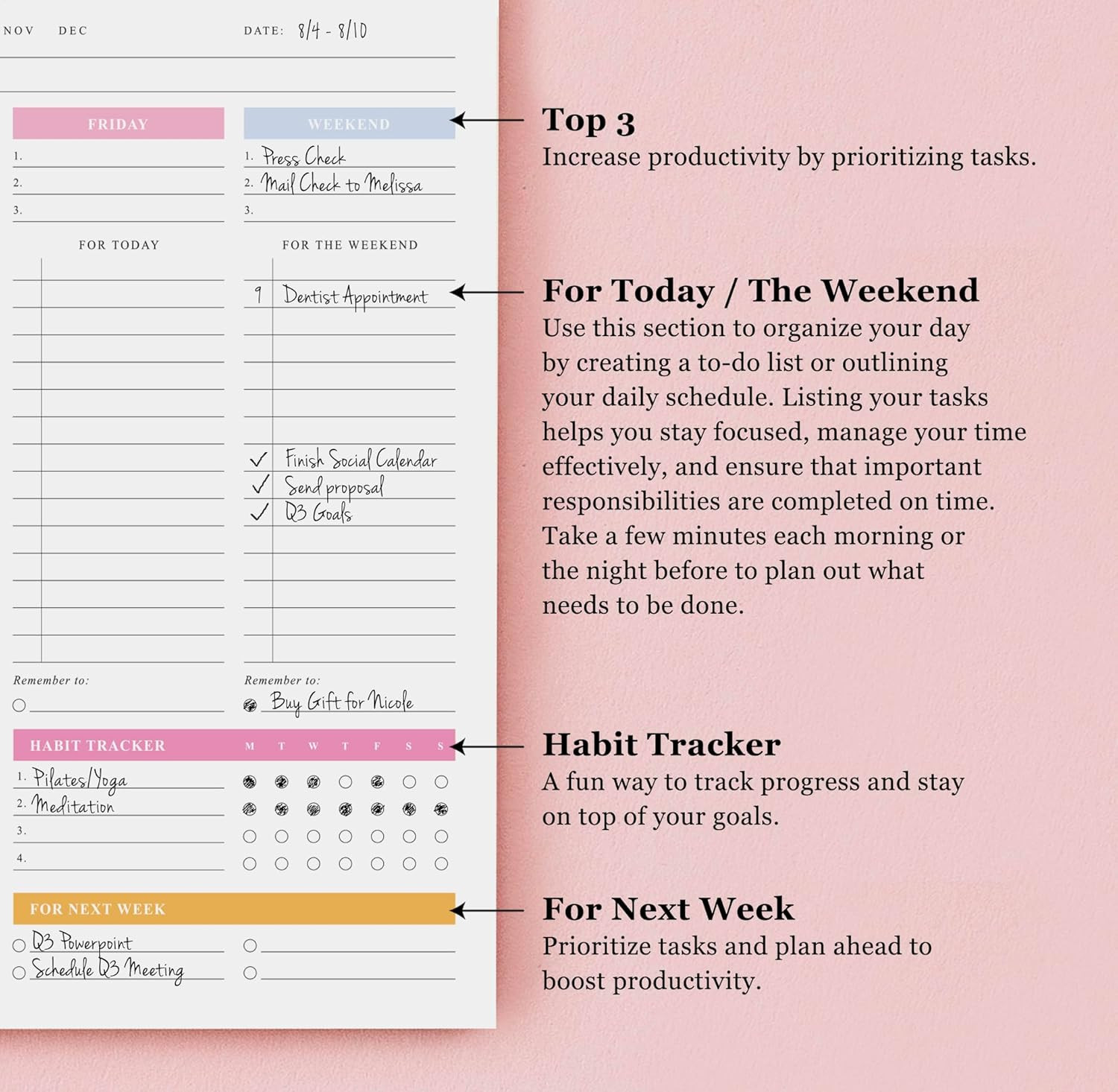 ThreeKin Weekly Planner – Premium 52-Sheet Tear-Off Notepad, 8.5 x 11 inches, Cl