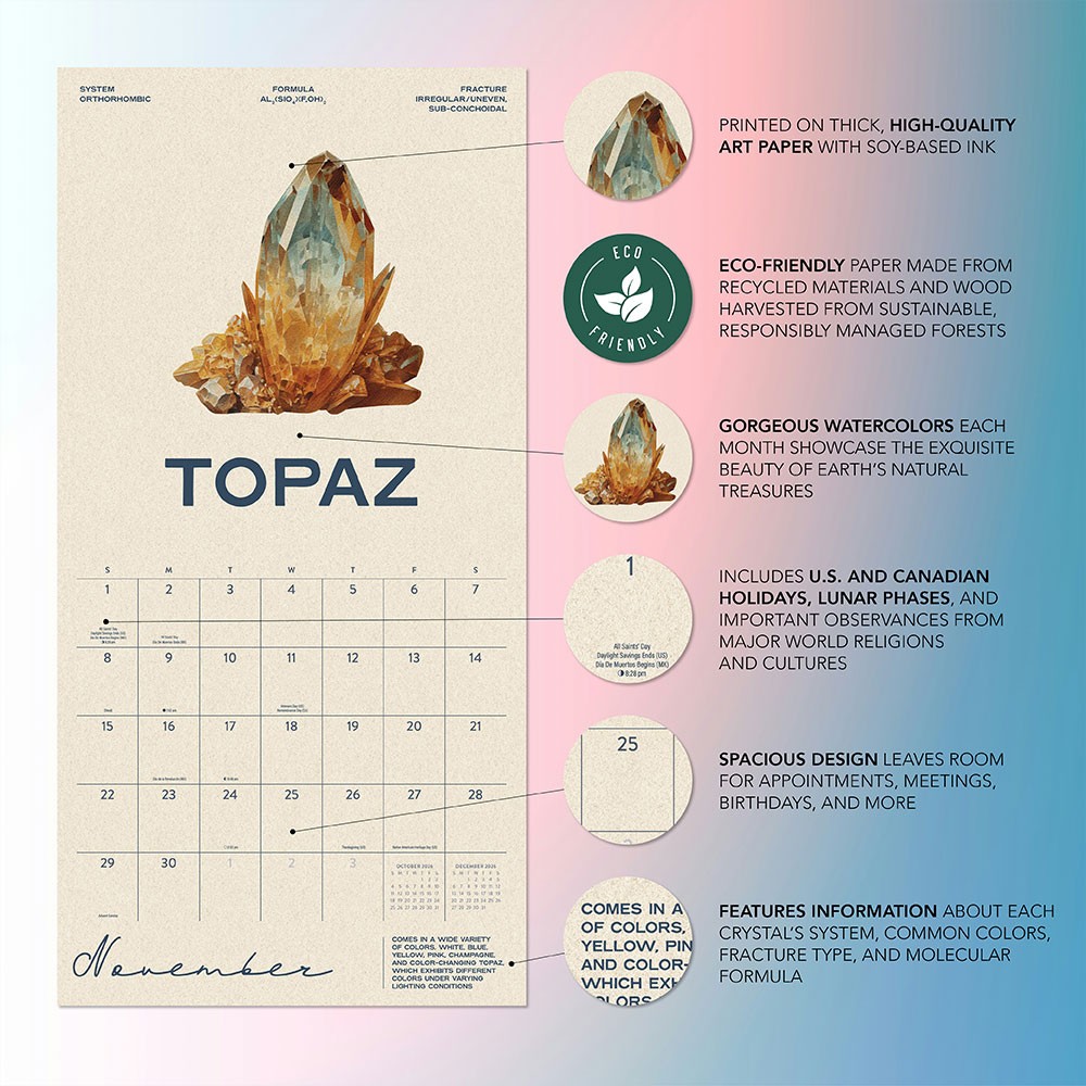 Crystals Calendar 2026 | 12″ x 24″ 12 Month Calendar | Marble City Press