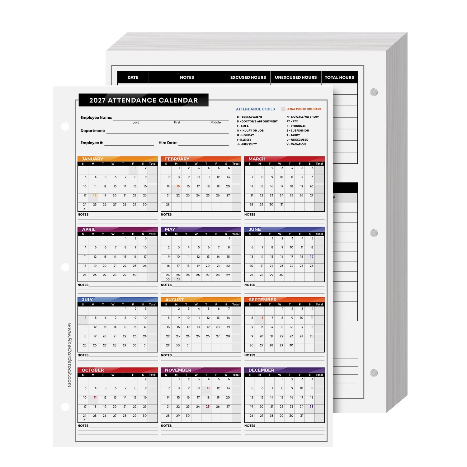 2027 Attendance Calendar Cardstock, Employee Work Tracker, 8.5 x 11, 25 Qty
