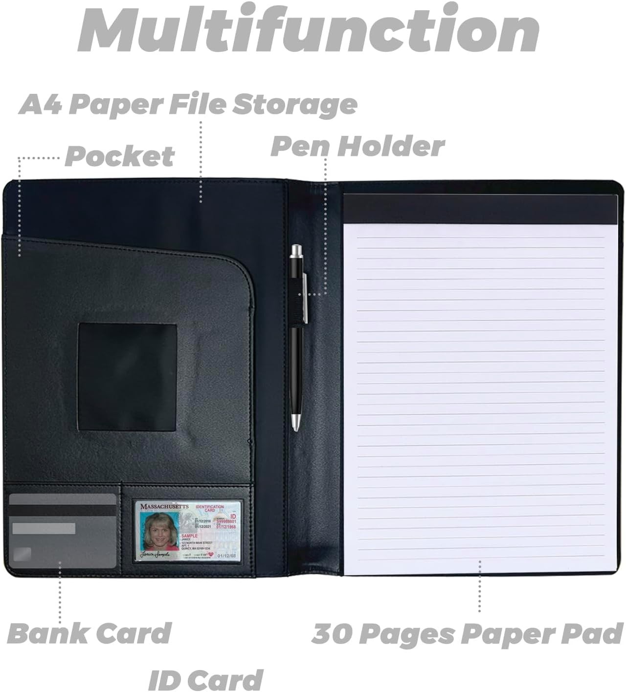 A4 PU Leather Portfolio Folder with 30 Pages Paper Padfolio Business Organizer