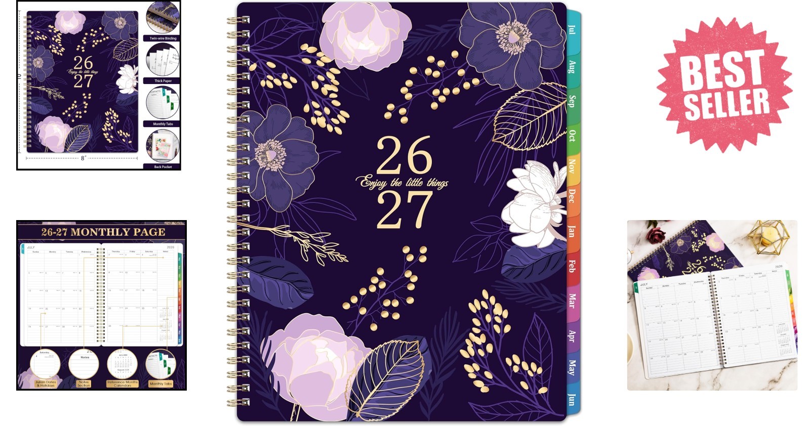 Elegant 2026-2027 Academic Planner | Twin-Wire Binding & Back Pocket | Purple