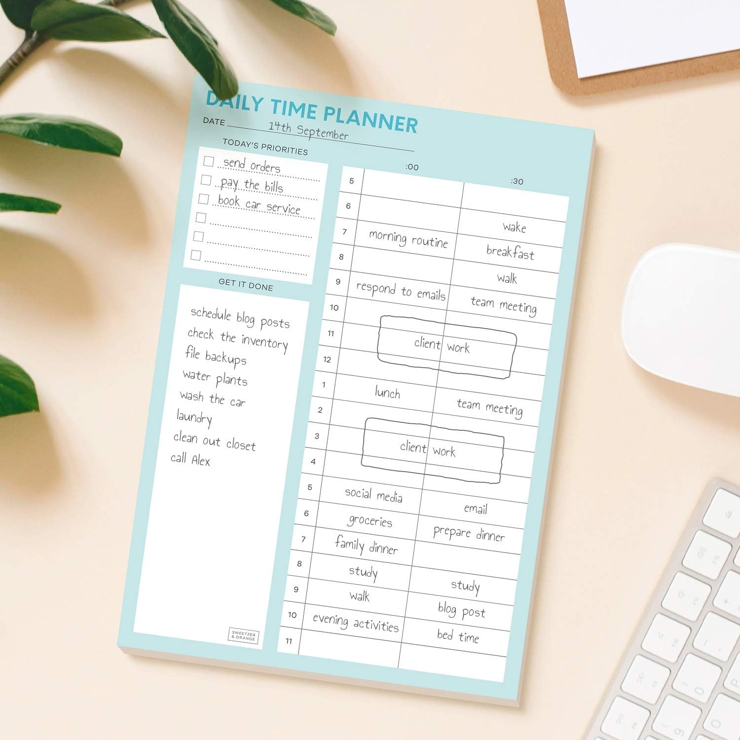 Sweetzer & Orange Time Block Planner. Undated Organizer To Do List Notepad. 7×10