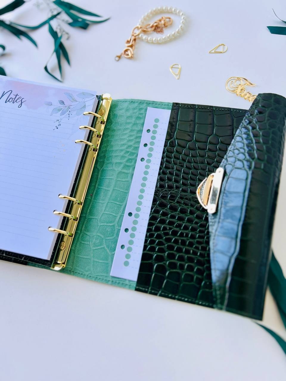 Green Genuine Leather Organizer – Croc Print notebook