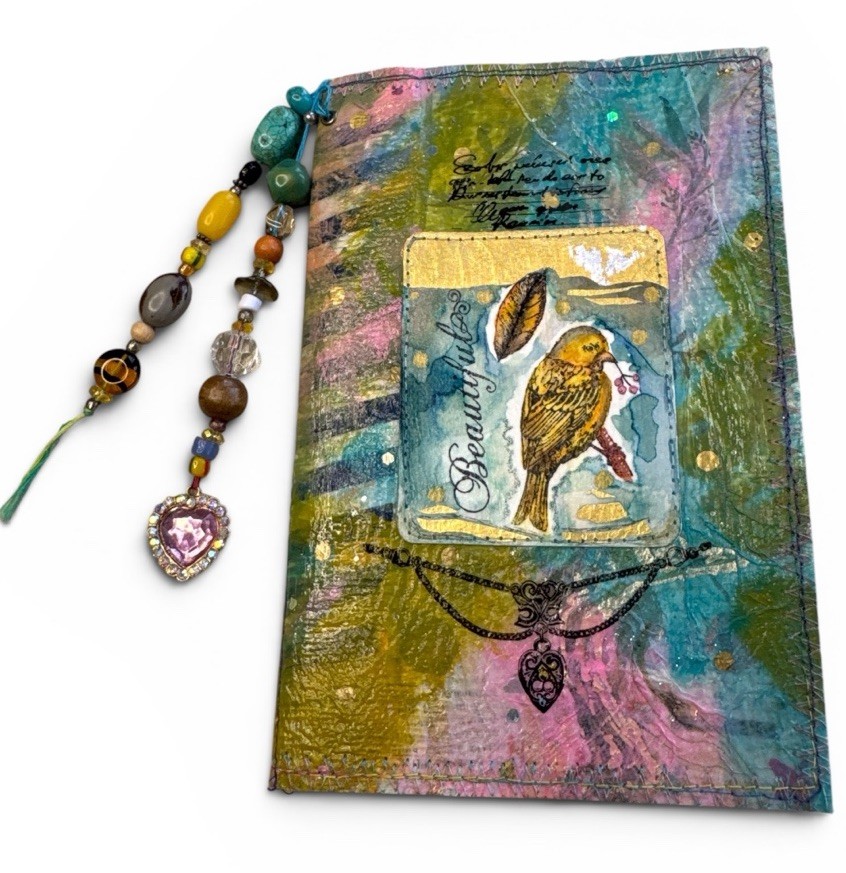 Handmade Art Journal Mixed Media Bird Cover OOAK Boho Junk Journal w Bookmark