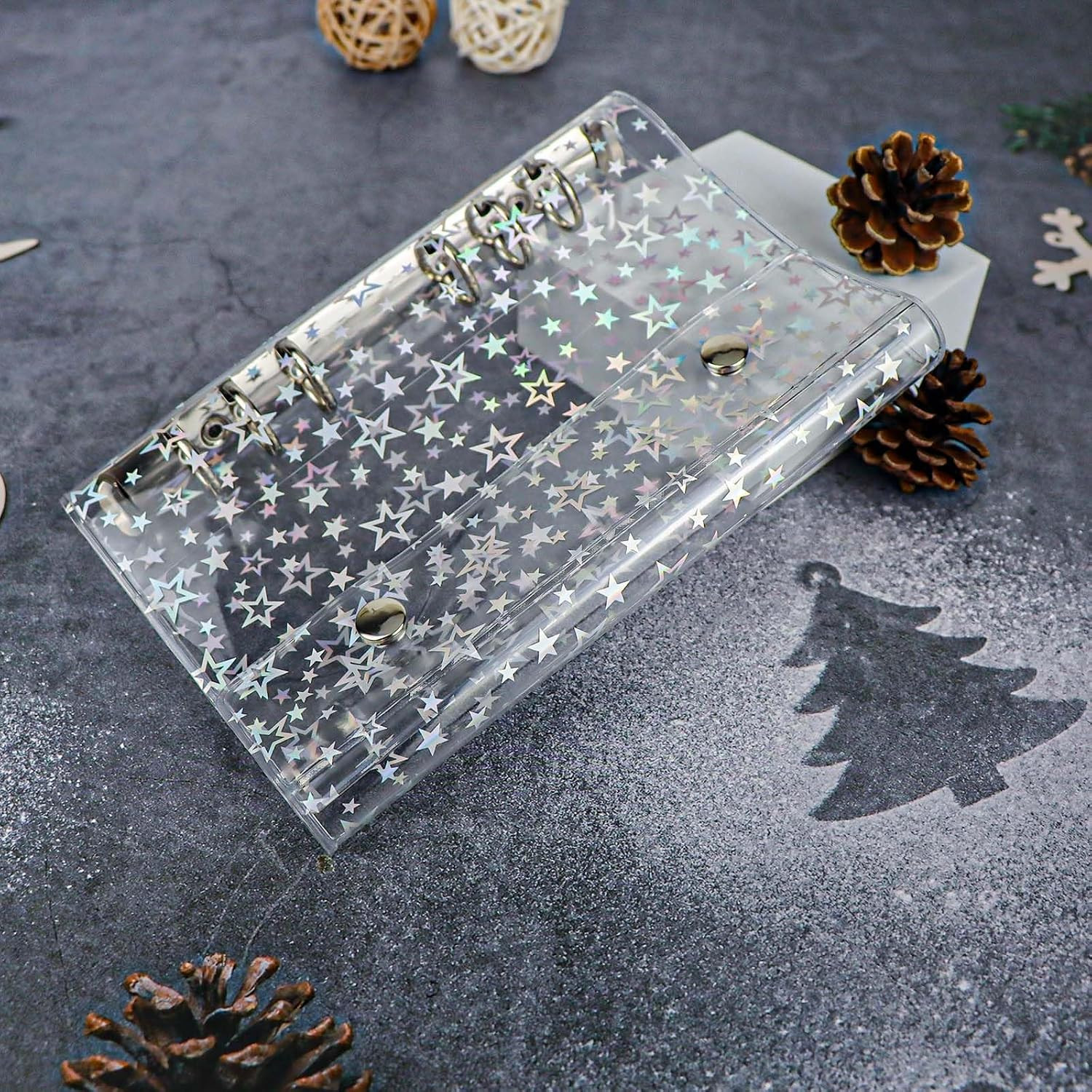 A6 Budget Binder Cover Clear PVC 6 Ring Binder Glitter Star Refillable Notebo…